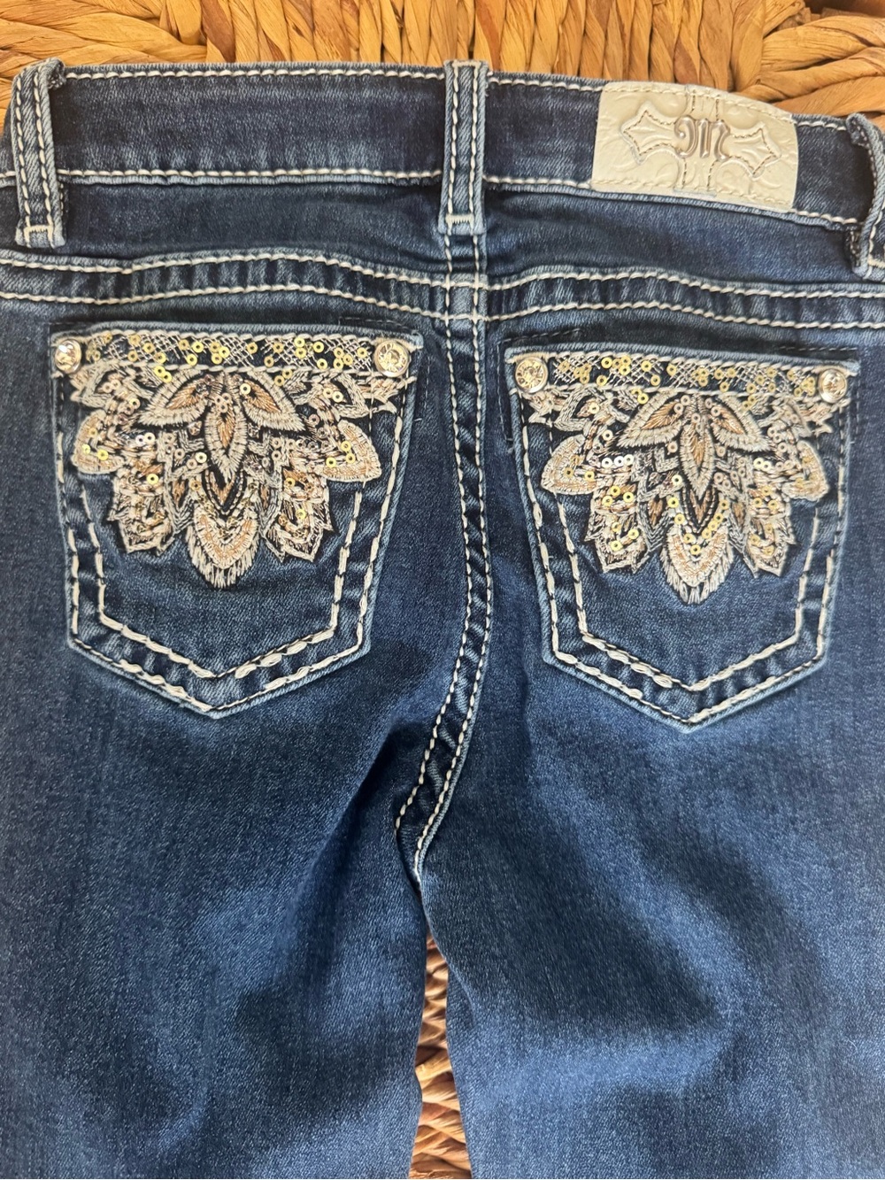 Miss Me Girls Dark Blue Boot Cut Jeans Embroidered Sequin Pocket Size 8 - Picture 7 of 8